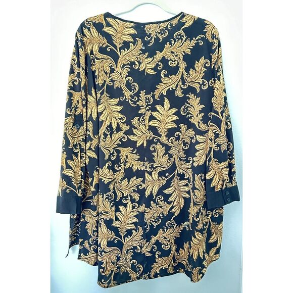 Catherines 2XWP (22/24WP) Black & Gold Print Blouse Hi-Lo w/ Convertible Sleeves - Picture 9 of 10